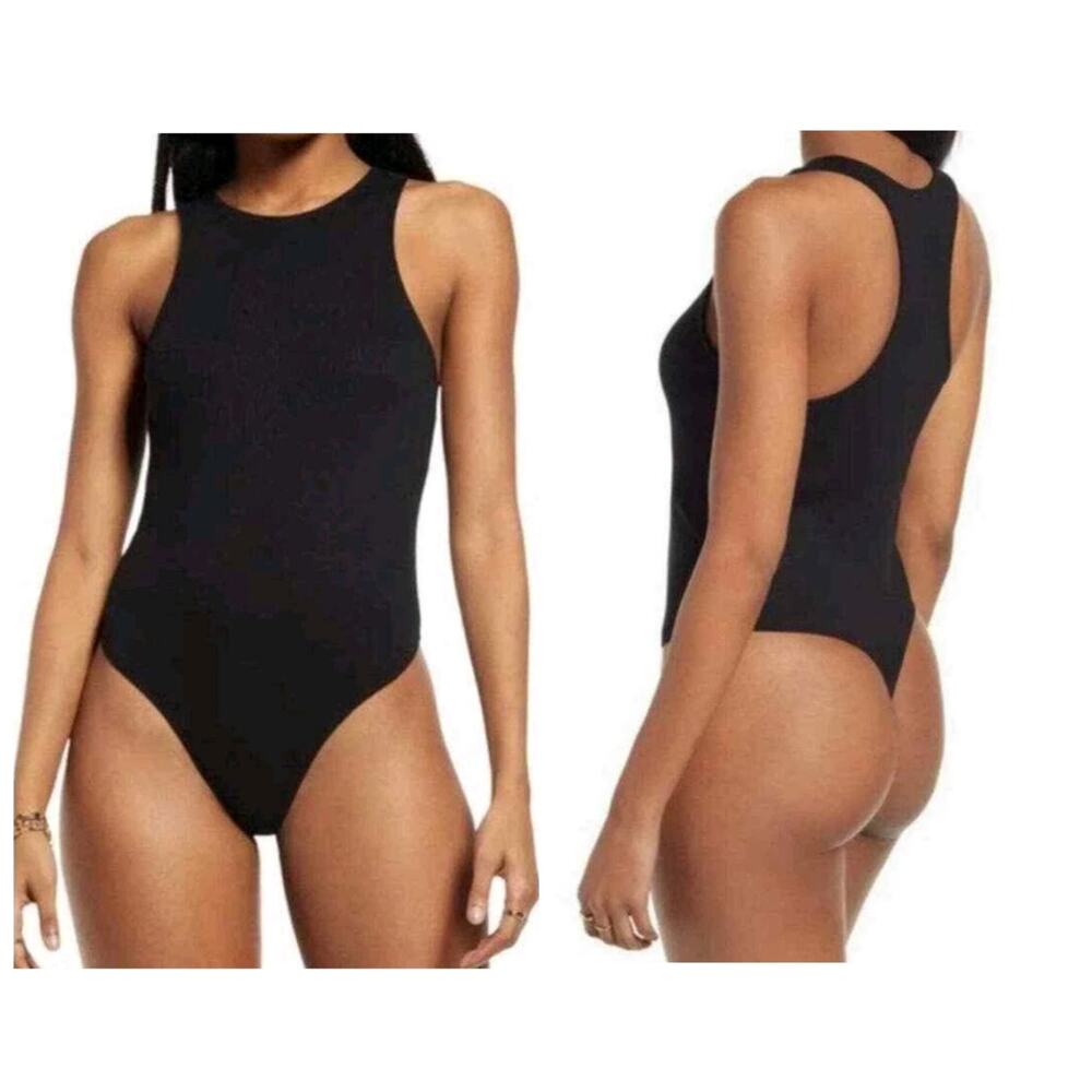 Open Edit black ribbed racerback thong bodysuit sz M